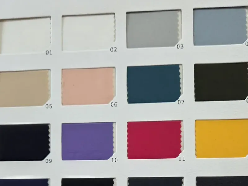 A numbered card of fabric options, each swatch labelled for quoting