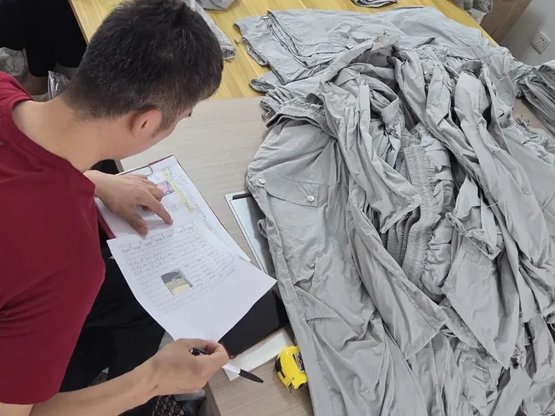 A spec sheet held up and read against a pile of finished garments