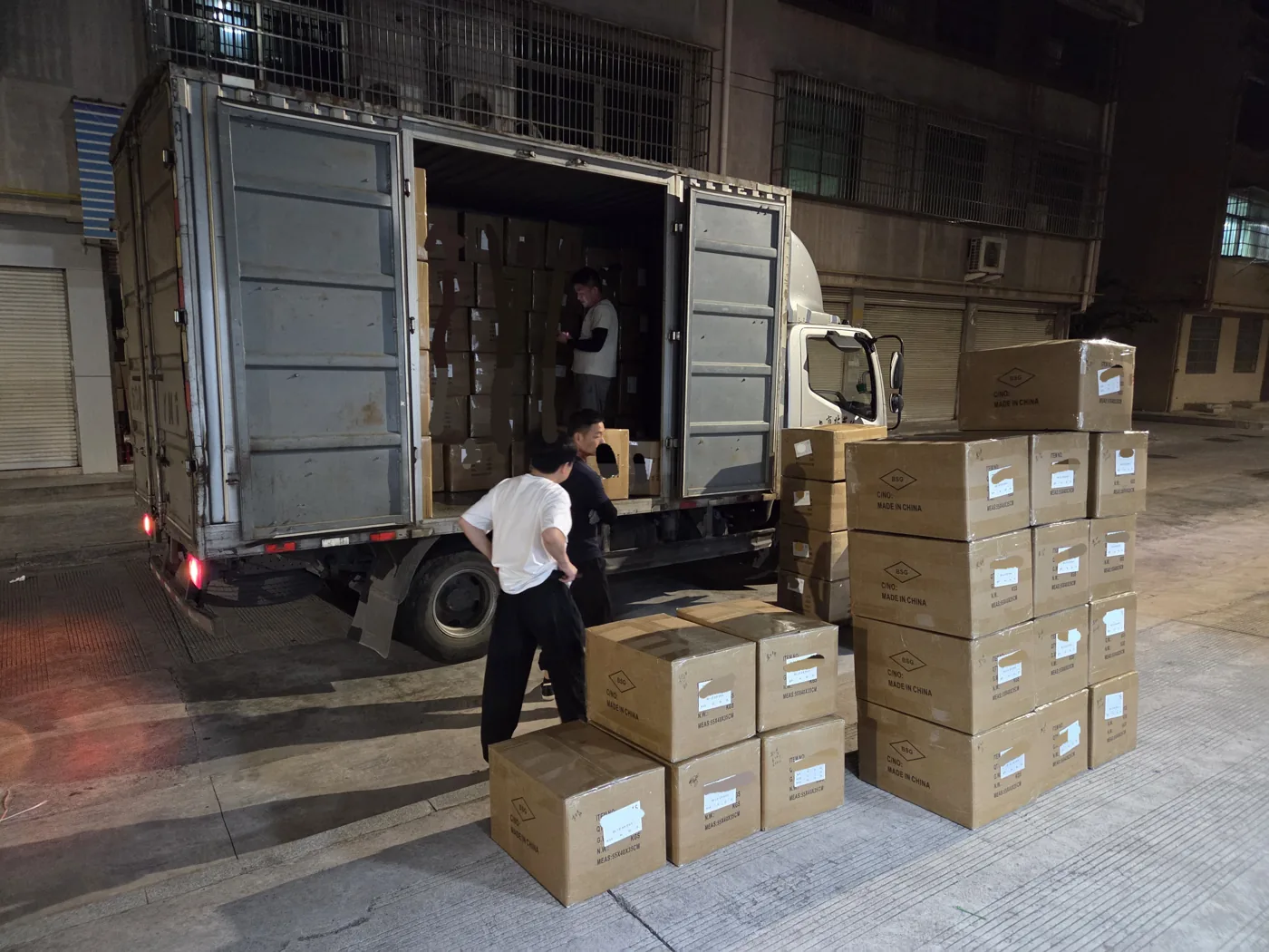 Boxed goods loaded onto the truck at the end of a production run