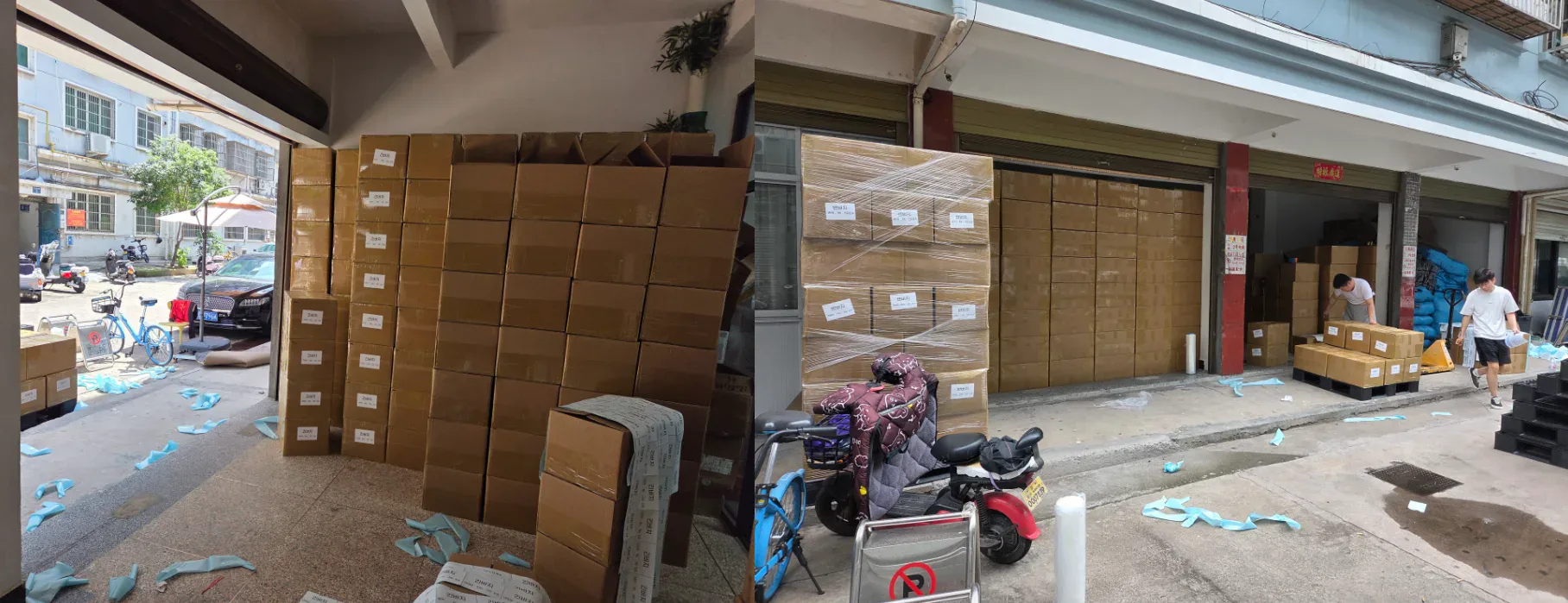 Cartons from a 42,000 piece pants order stacked at our warehouse in Yiwu